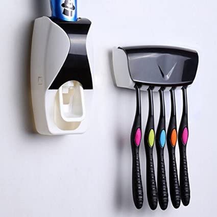 Automatic Hands-Free Wall Mounted Toothpaste Dispenser Squeezer with 5-Hole Toothbrush Holder